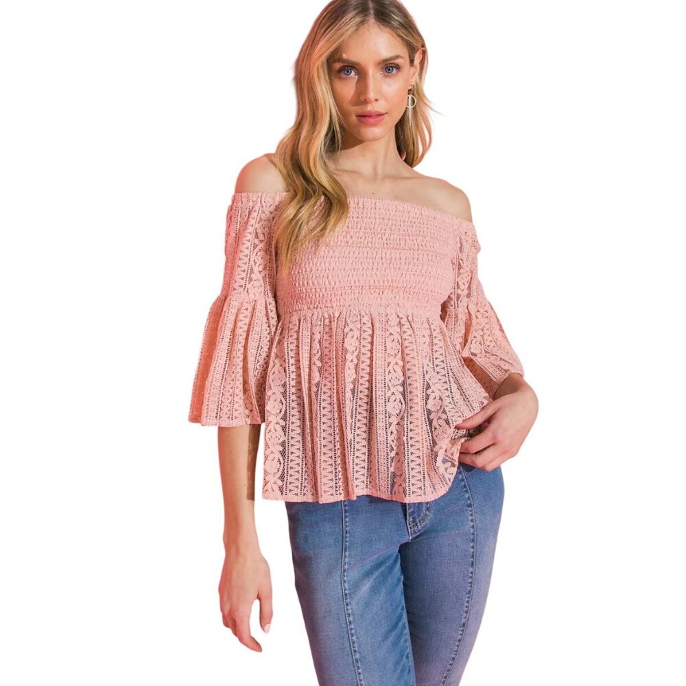 A Calin Flying Tomato Coastal City Lace Top Size Medium Off Shoulder Smocked NEW